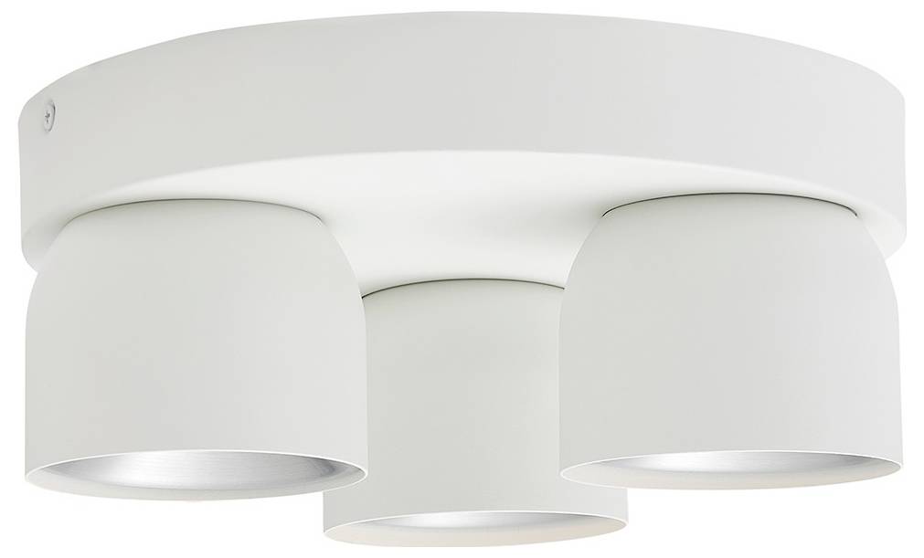 Ein weißes, rundes Deckenleuchten-Gehäuse mit drei nach unten gerichteten zylindrischen Glühbirnen.