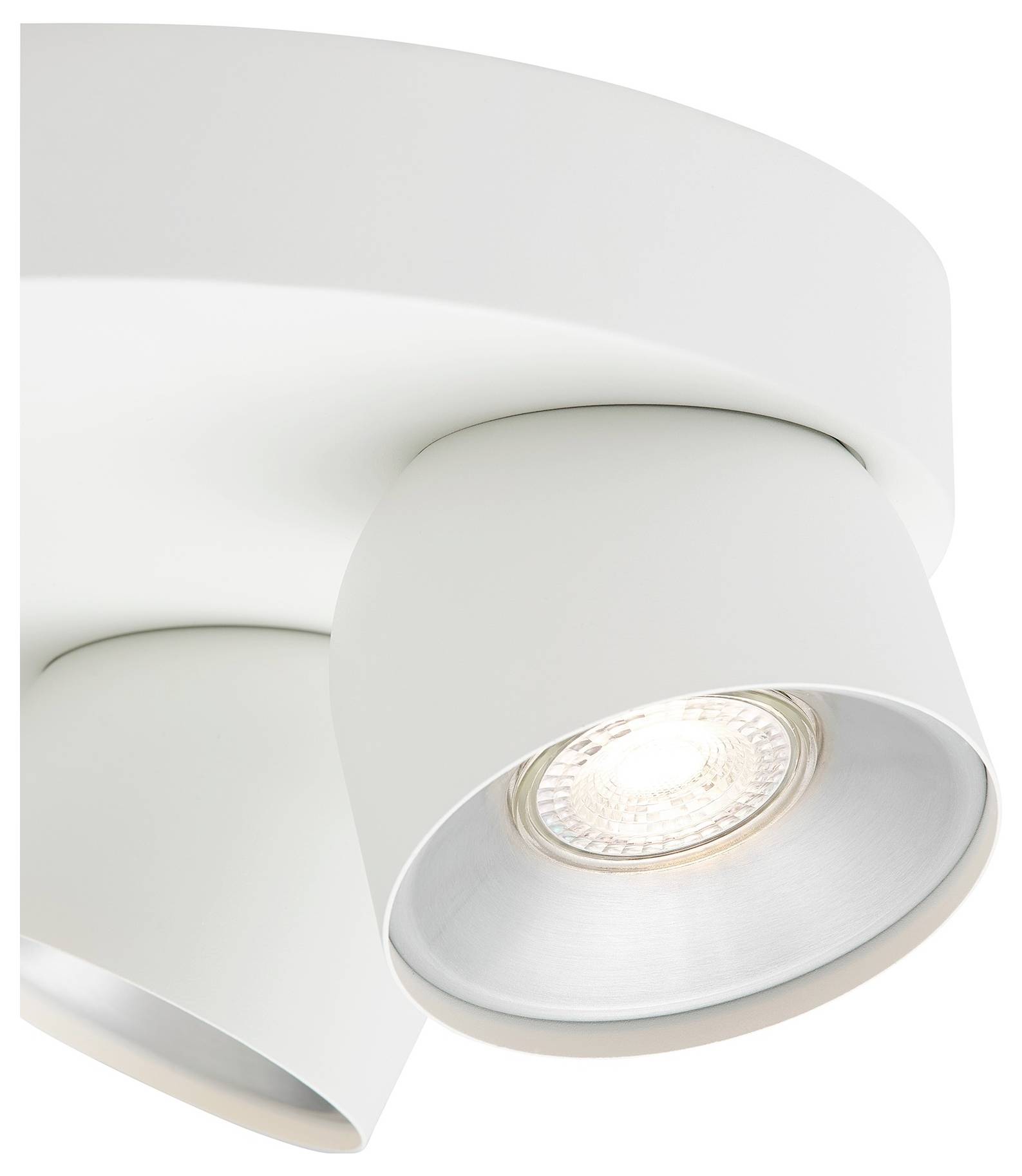 Moderner weißer Deckenspot mit schlankem kreisförmigem Design, mit sichtbarem Leuchtmittel, das nach unten strahlt.