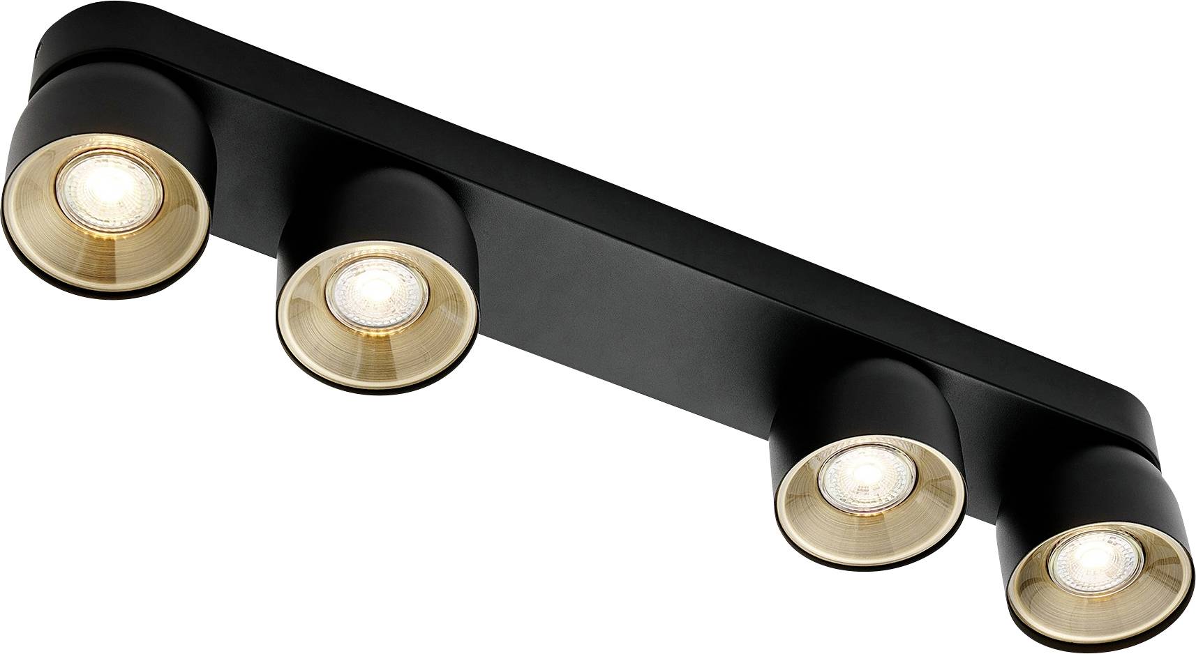 Eine schwarze Schienenstrahler-Leuchte mit vier verstellbaren runden Spotlights, mit goldenen Akzenten in jedem Licht.