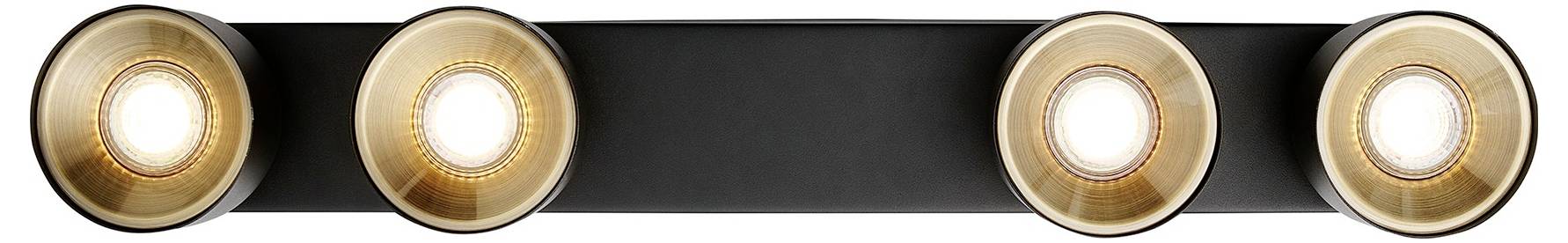 Vier runde goldene Leuchten auf einer schwarzen rechteckigen Basis, wahrscheinlich eine wandmontierte Leuchte.