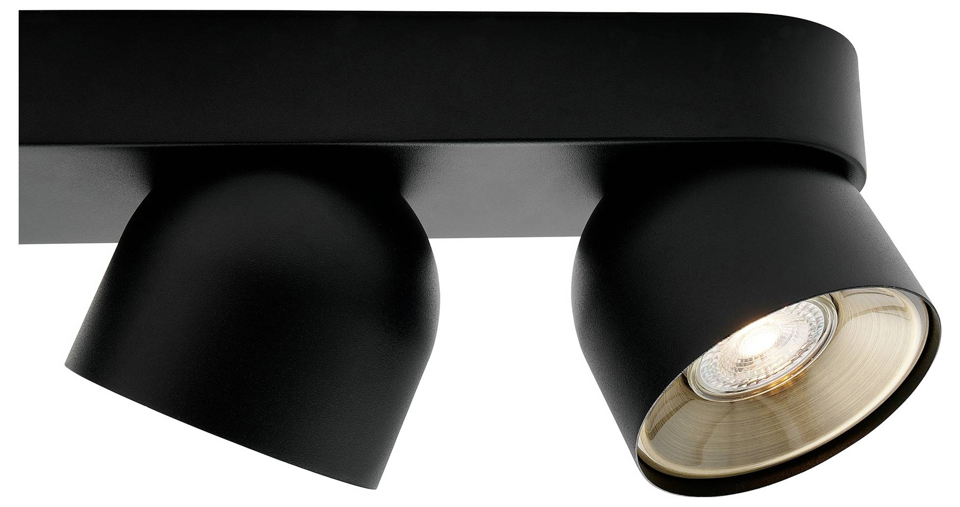 Ein schwarzer Deckenspot mit zwei verstellbaren Leuchtenköpfen, von denen einer leuchtet und konzentriertes Licht spendet.