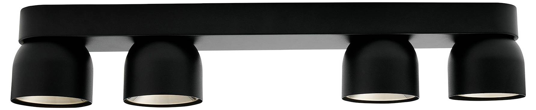 Eine schwarze Deckenleuchte mit vier verstellbaren Spotlightköpfen, die für gezielt ausrichtbare Beleuchtung konzipiert ist.