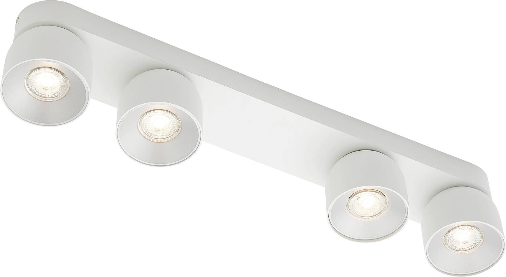 Ein modernes weißes Deckenleuchten-Set mit vier verstellbaren Strahlern, die in einer Reihe angeordnet sind für gerichtete Beleuchtung.