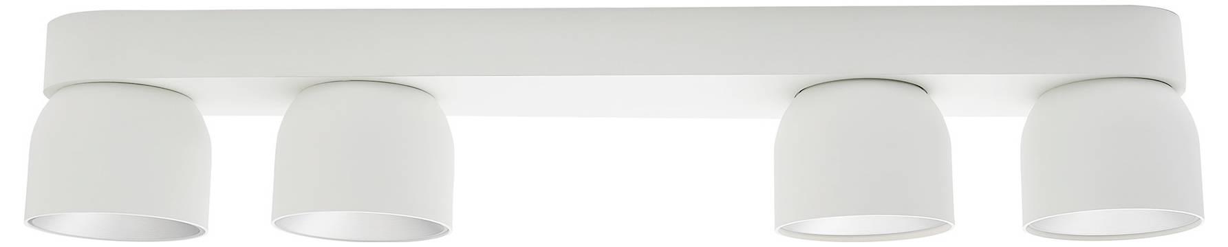 Eine weiße, an der Decke montierte Schienen-Leuchte mit vier verstellbaren zylindrischen Leuchten.