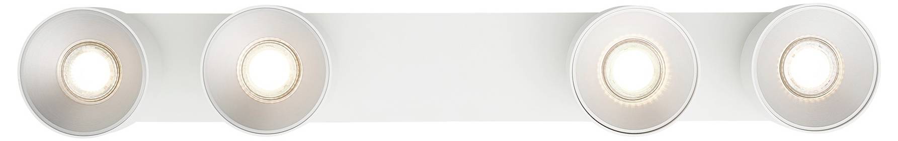 Vier kreisförmige Deckenleuchten sind gleichmäßig auf einer flachen, weißen Oberfläche angebracht und werfen ein warmes Licht ab.