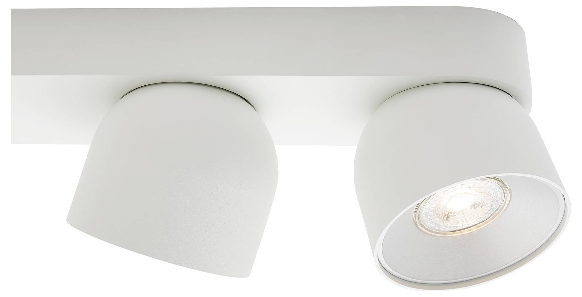 Modernes Deckenspotlicht mit zwei verstellbaren runden Lampen, eine davon beleuchtet, auf einer rechteckigen weißen Schiene montiert.