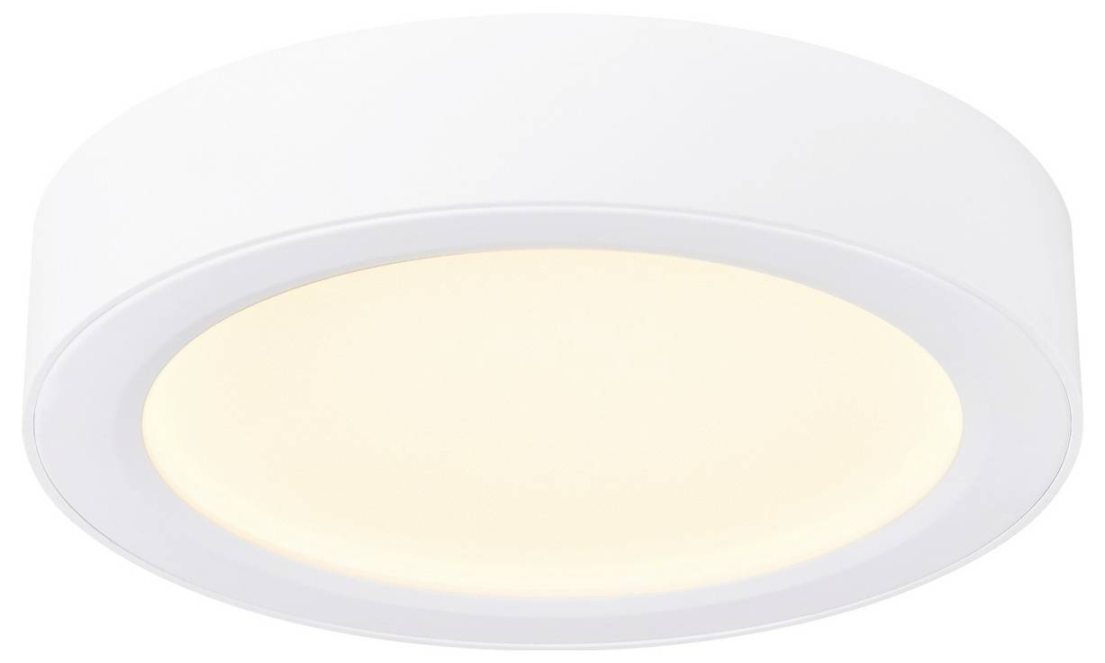 Eine runde, moderne Deckenleuchte mit glatter weißer Oberfläche und warmem, leuchtendem Zentrum.