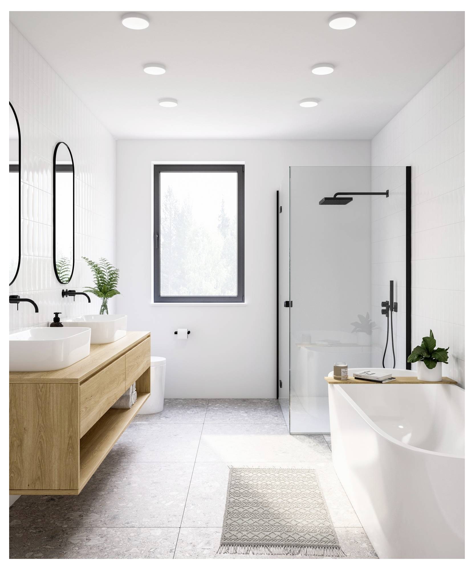 Modernes Badezimmer mit einem Holzwaschbecken mit zwei Waschtischen, einer freistehenden Badewanne und einer gläsernen Duschkabine. Natürliches Licht fällt durch ein Fenster ein.