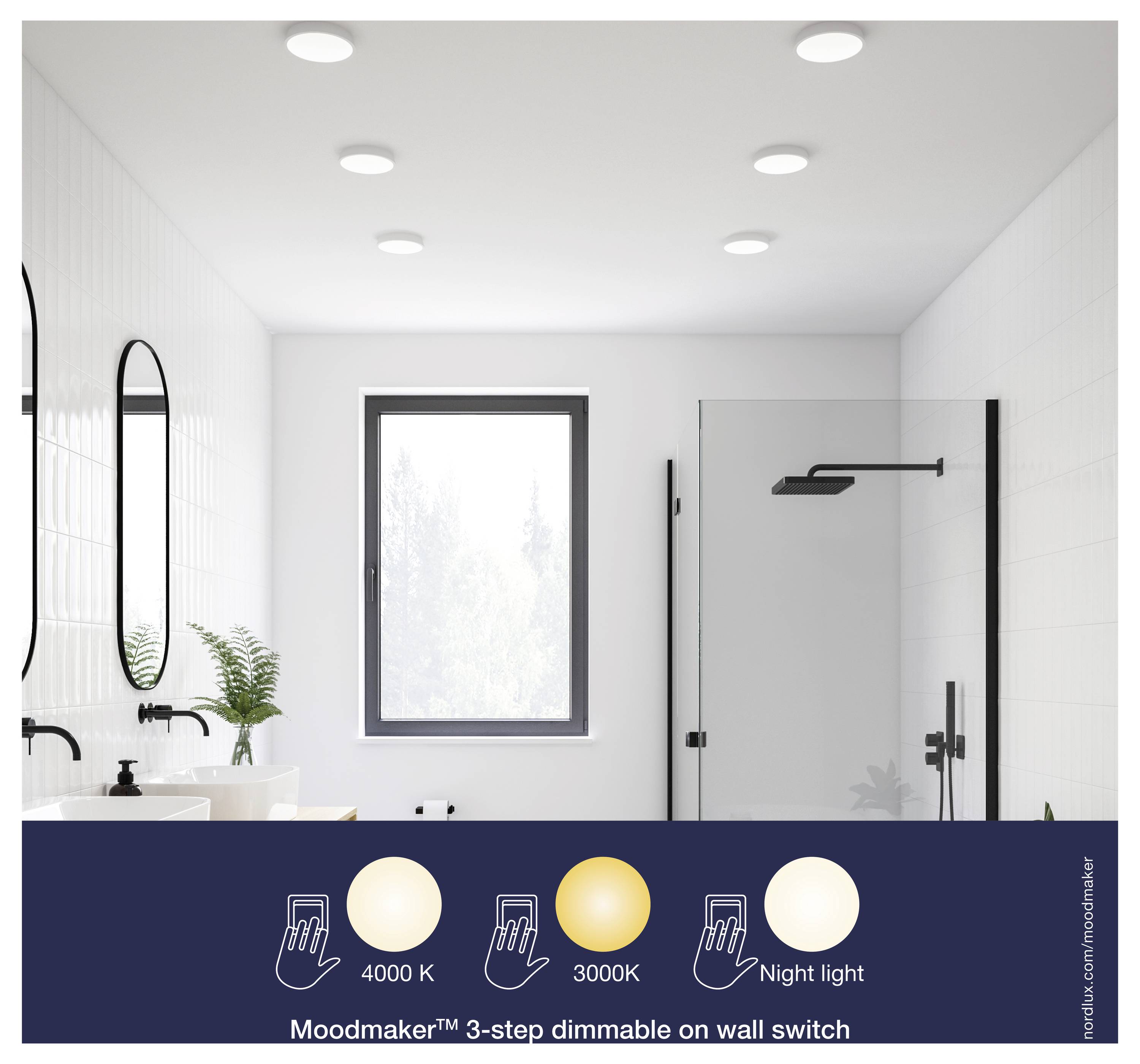 Ein modernes Badezimmer mit Spiegeln, einer Pflanze und einer Dusche. Eine Einschubgrafik zeigt „Moodmaker™ 3-stufig dimmbar am Wandschalter