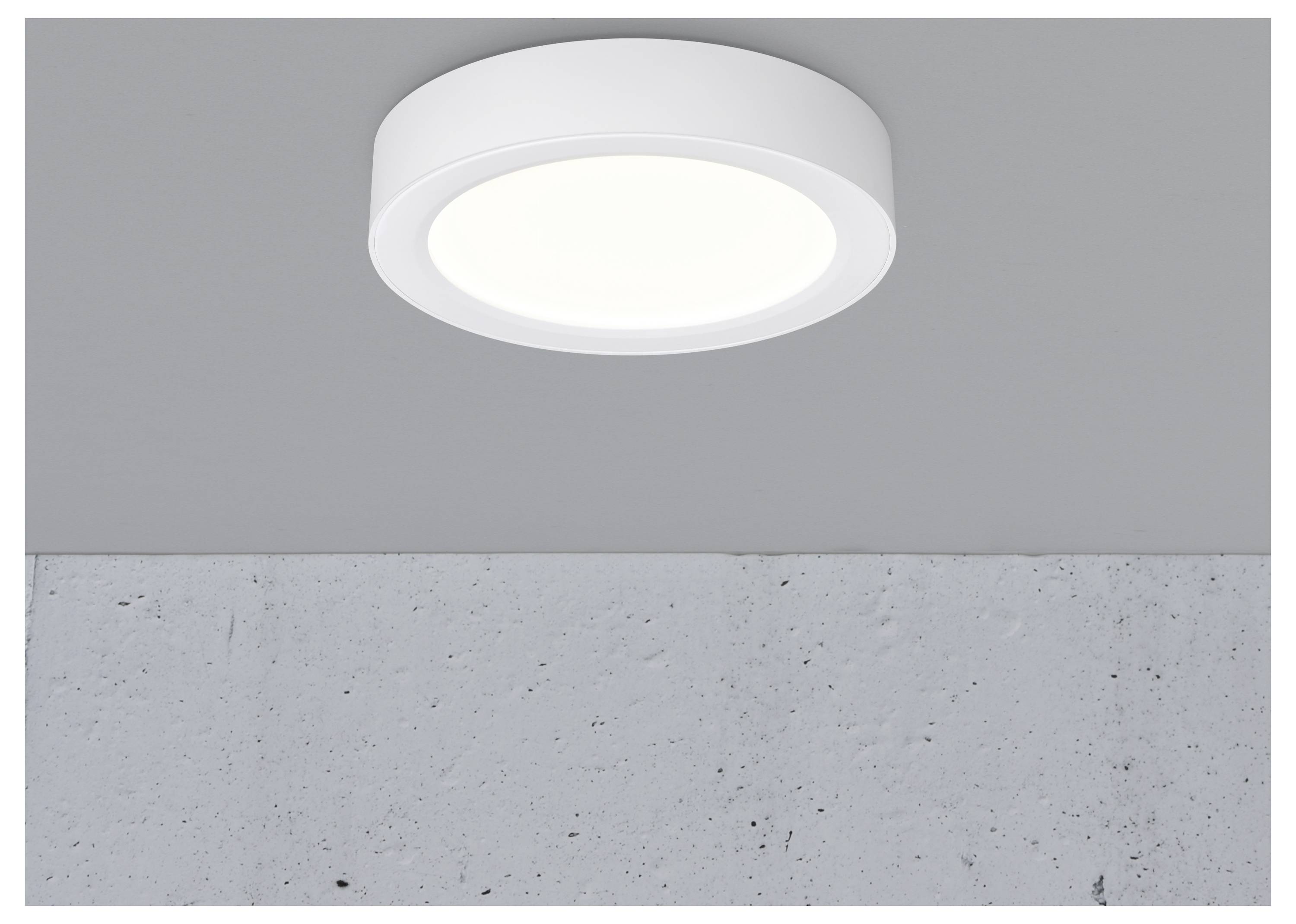 Ein weißes kreisförmiges Deckenleuchten-Modul auf einer grauen Betondecke, das ein weiches Licht ausstrahlt.