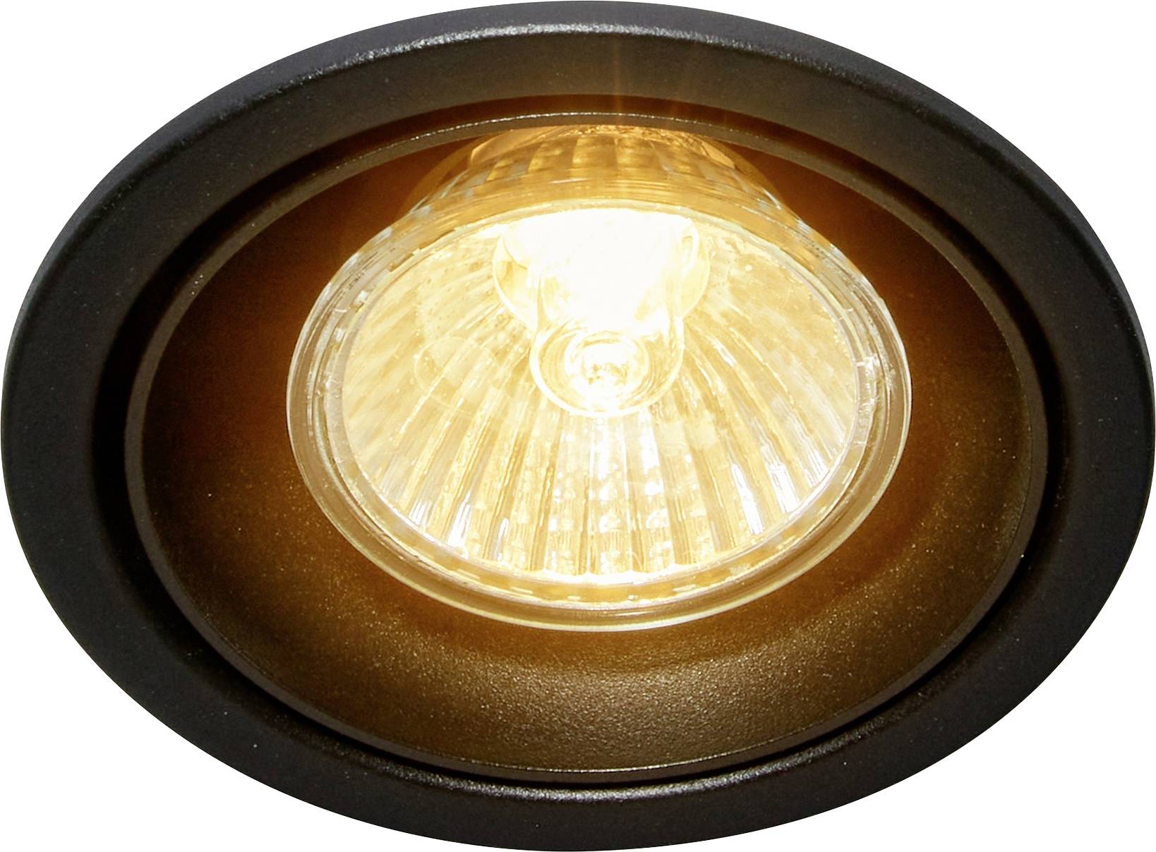 Ein bündiger Deckenleuchte mit einer leuchtenden Glühbirne, die warmes Licht ausstrahlt, in einer kreisförmigen Fassung montiert.