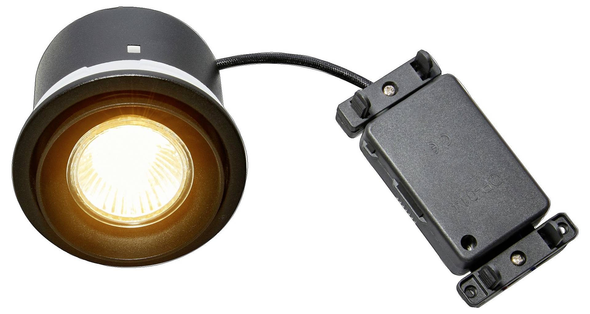 Eine versunkene LED-Leuchte mit einer leuchtenden Glühbirne, verbunden mit einem schwarzen Strommodul.