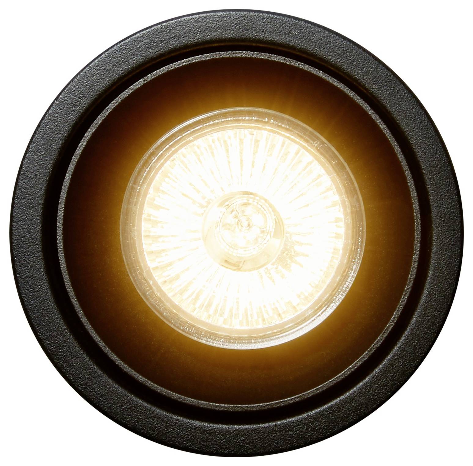 Ein helles kreisförmiges LED-Spotlicht scheint direkt von der Decke herab, umgeben von einem dunklen Rahmen, und wirft warmes weißes Licht.