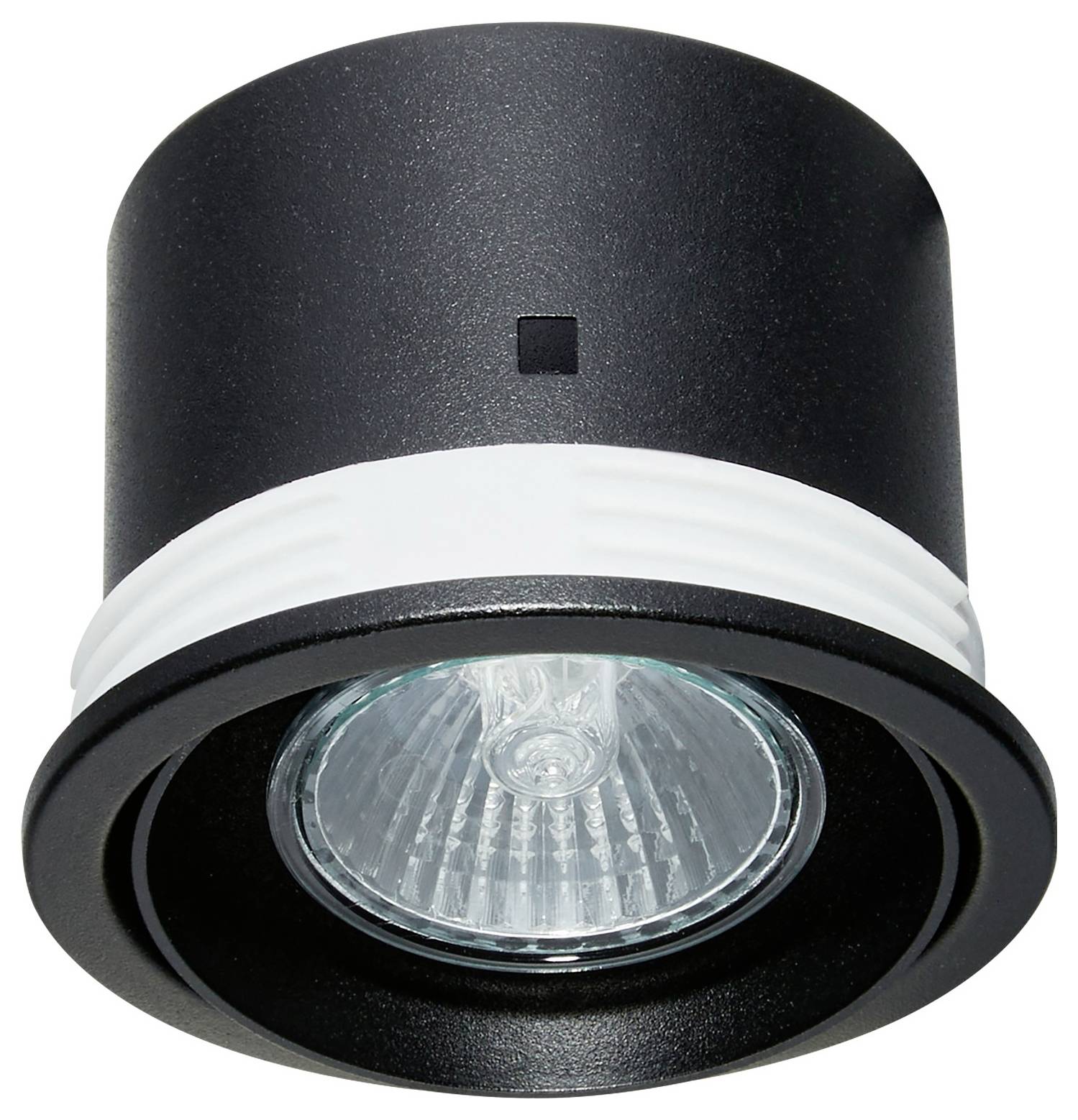 Eingebaute Deckenleuchte mit schwarzem Außenbereich und weißem Rand. Kreisförmiges Design mit verglas ter Glühbirne, von unten betrachtet.