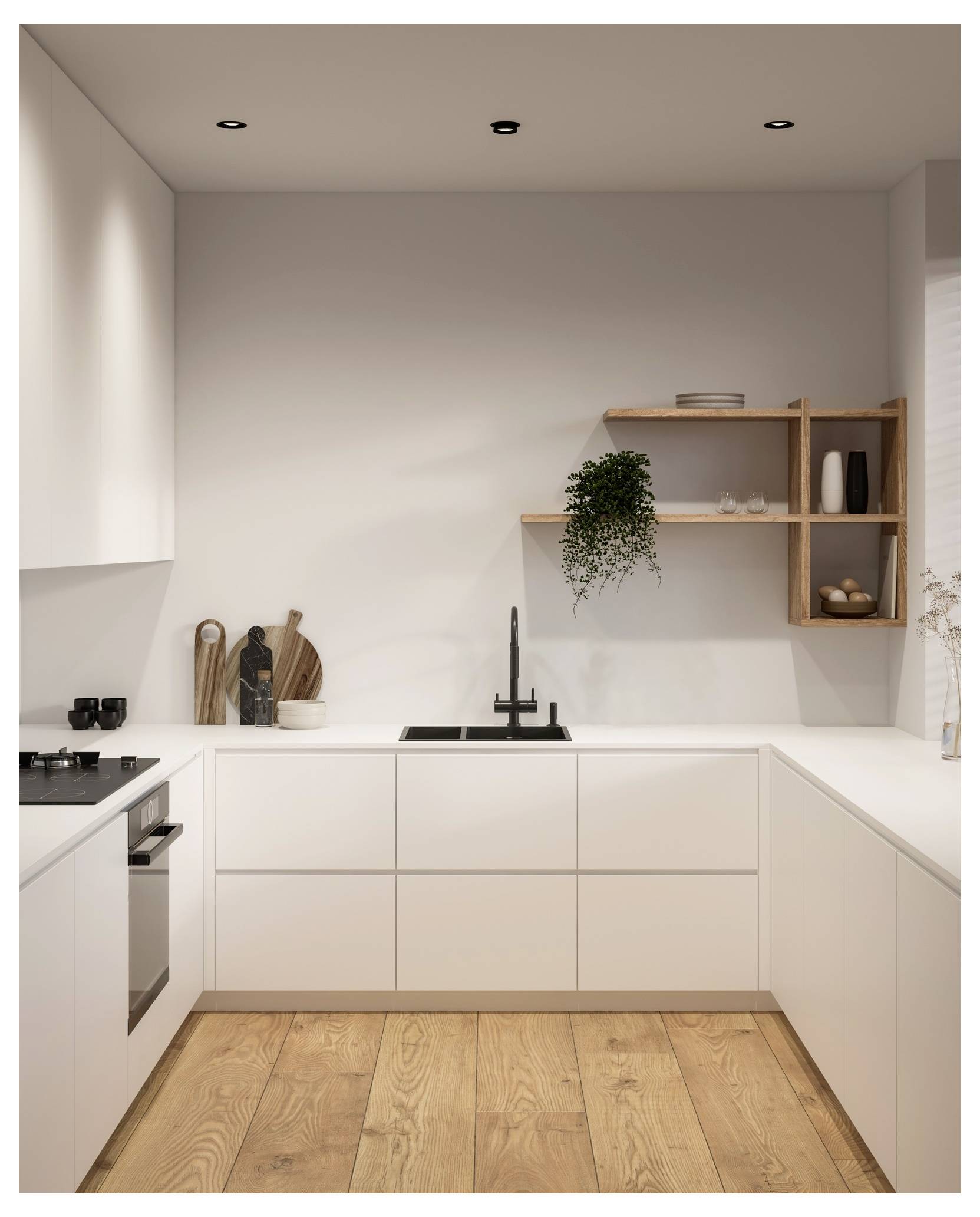 Moderne Küche mit weißen Schränken, hellem Holzfußboden, schlanken schwarzen Armaturen und minimalistischen Wanddekorationen.