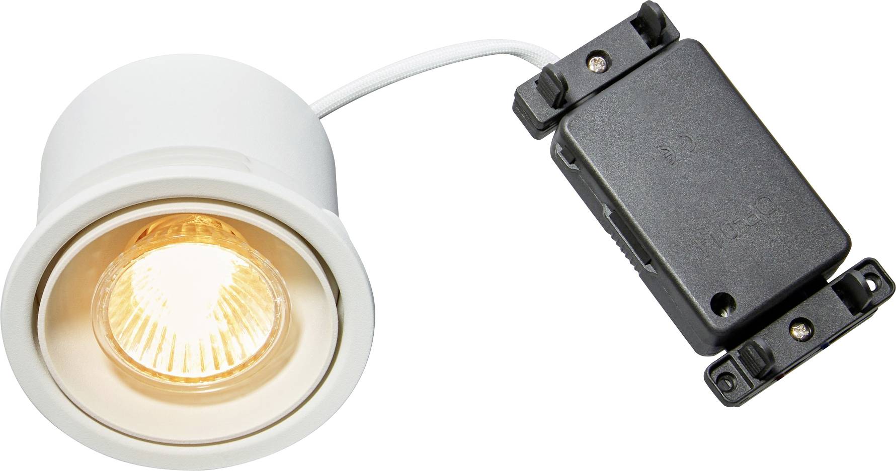 Eingebauter Deckenspot mit rundem weißem Gehäuse und angebrachtem schwarzem elektrischem Anschluskasten.