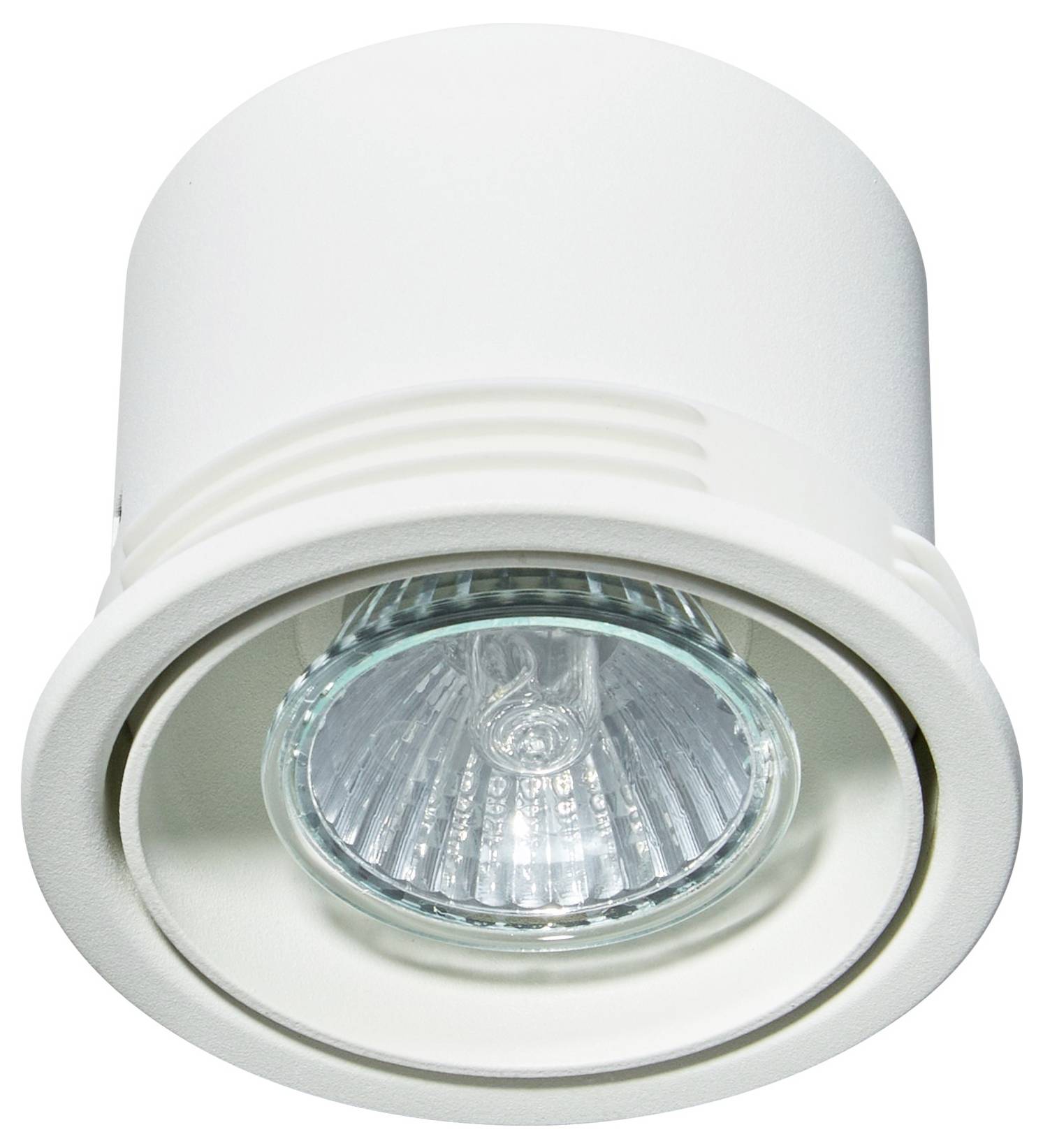 Ein weißes, versenkt eingebautes Deckenleuchten-Modell mit klarer Glaslinse und sichtbarem Leuchtmittel.