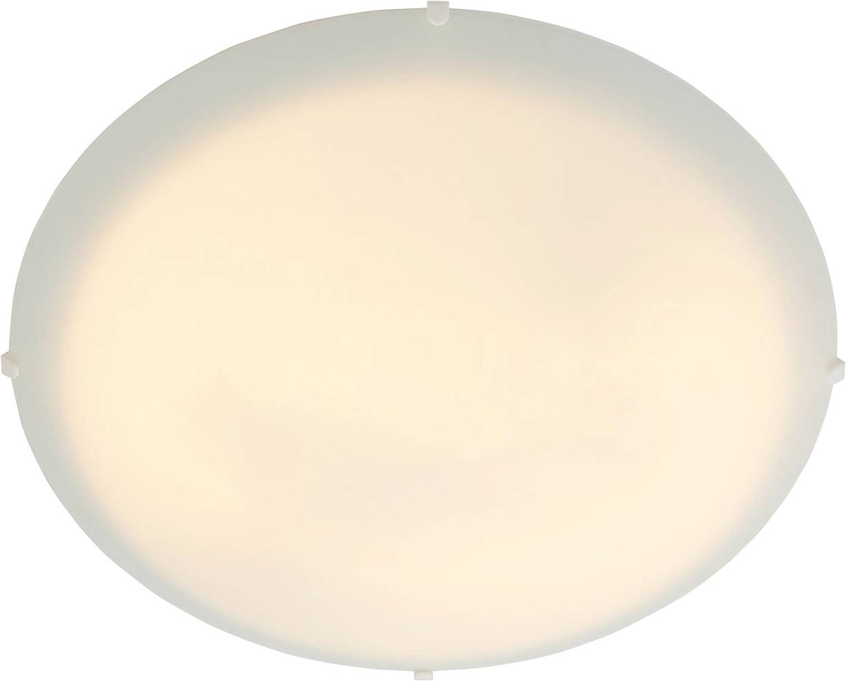 Eine runde Deckenleuchte gibt ein weiches weißes Glühen ab und spendet Umgebungslicht.