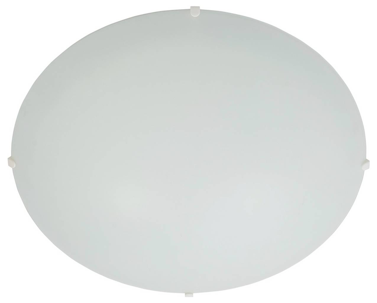 Eine runde, mattierte Glasdeckenleuchte mit schlichtem, glattem Design und vier Metallclips, die sie an ihrer Position halten.
