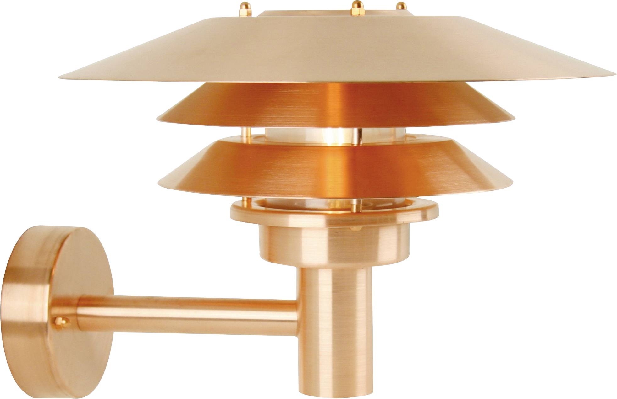 Eine an der Wand montierte Außenleuchte aus Kupfer mit modernem, geschichtetem Design, ausgestattet mit drei kreisförmigen, gestuften Schirmen für gleichmäßige Lichtverteilung.