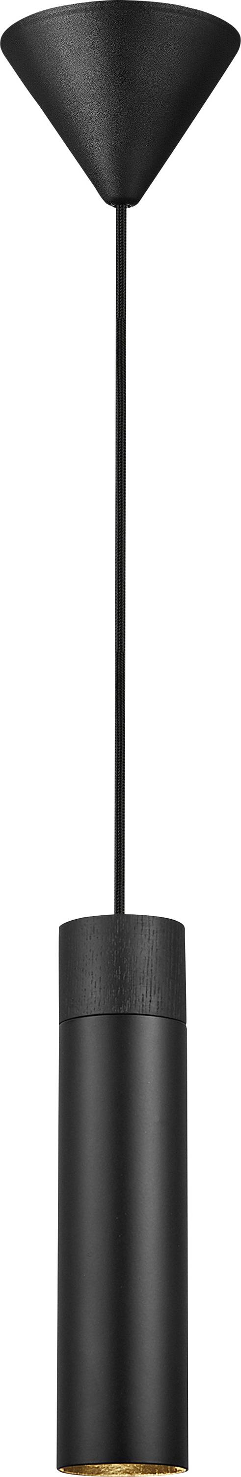 Hohe, schlanke schwarze Pendelleuchte mit zylindrischem Schirm und einfachem Kabel, entworfen für moderne Raumdecken.