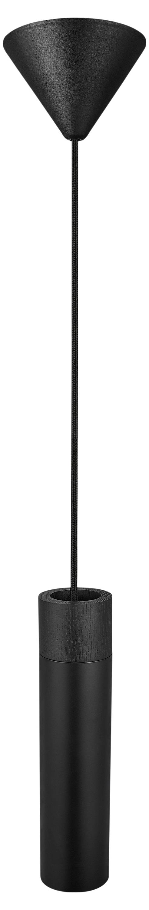 Eine schwarze Stehleuchte mit einem kegelförmigen Schirm und einem hohen, dünnen Gestell, verbunden mit einer zylindrischen Basis.