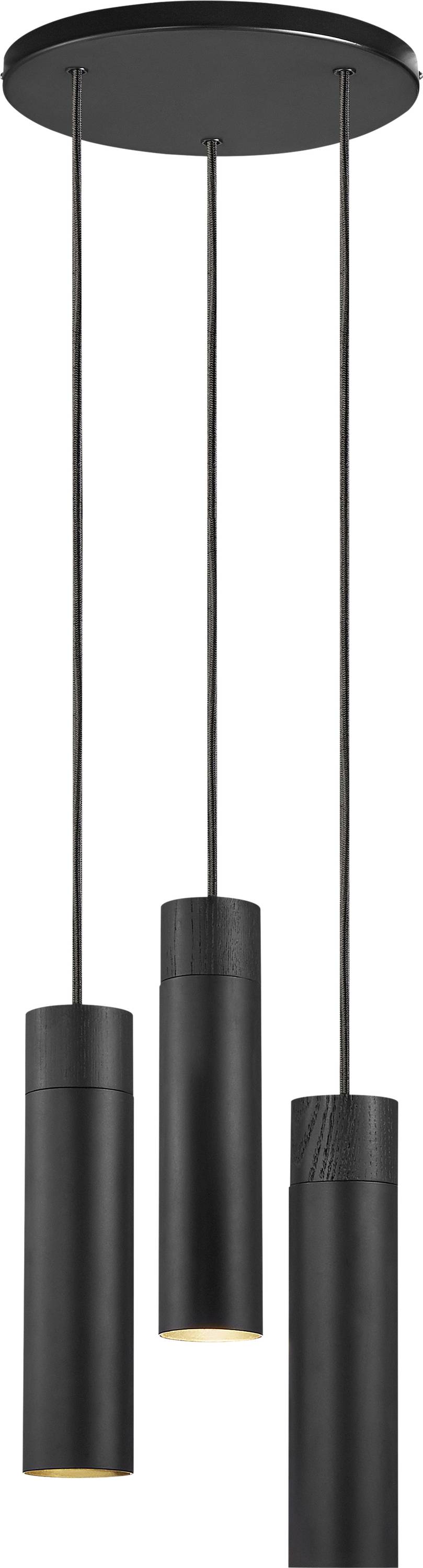 Eine moderne schwarze Pendelleuchte mit drei Leuchten und zylindrischen Schirmen, die von einer runden Basis herabhängen, geeignet für zeitgenössische Innenräume.