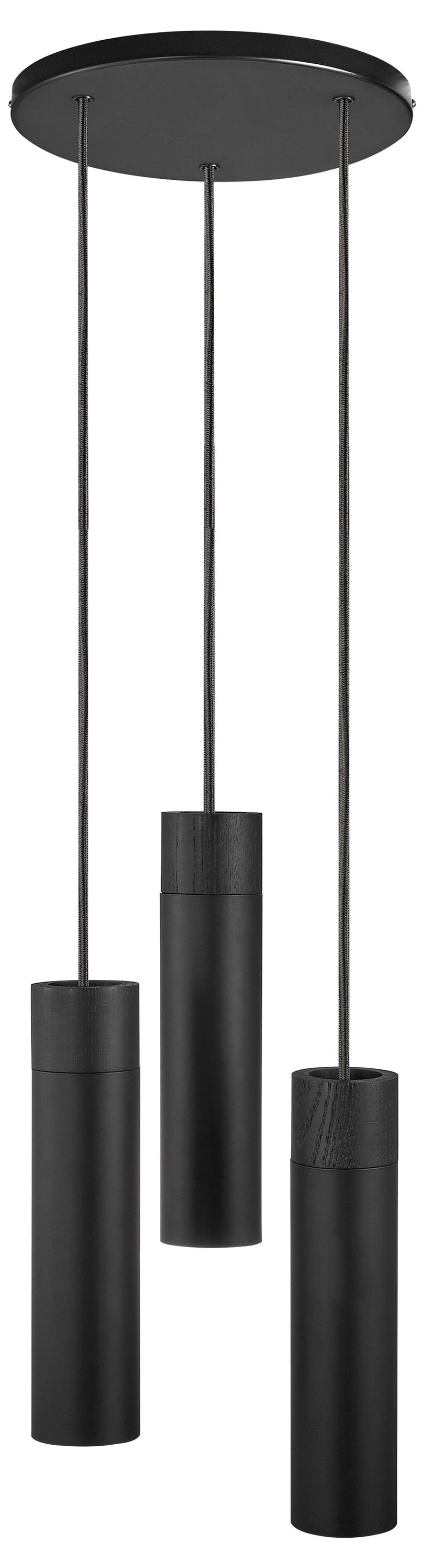 Dreifache zylindrische schwarze Pendelleuchte mit schlankem, modernem Design, aufgehängt von einer runden Deckenbefestigung durch drei Drähte.