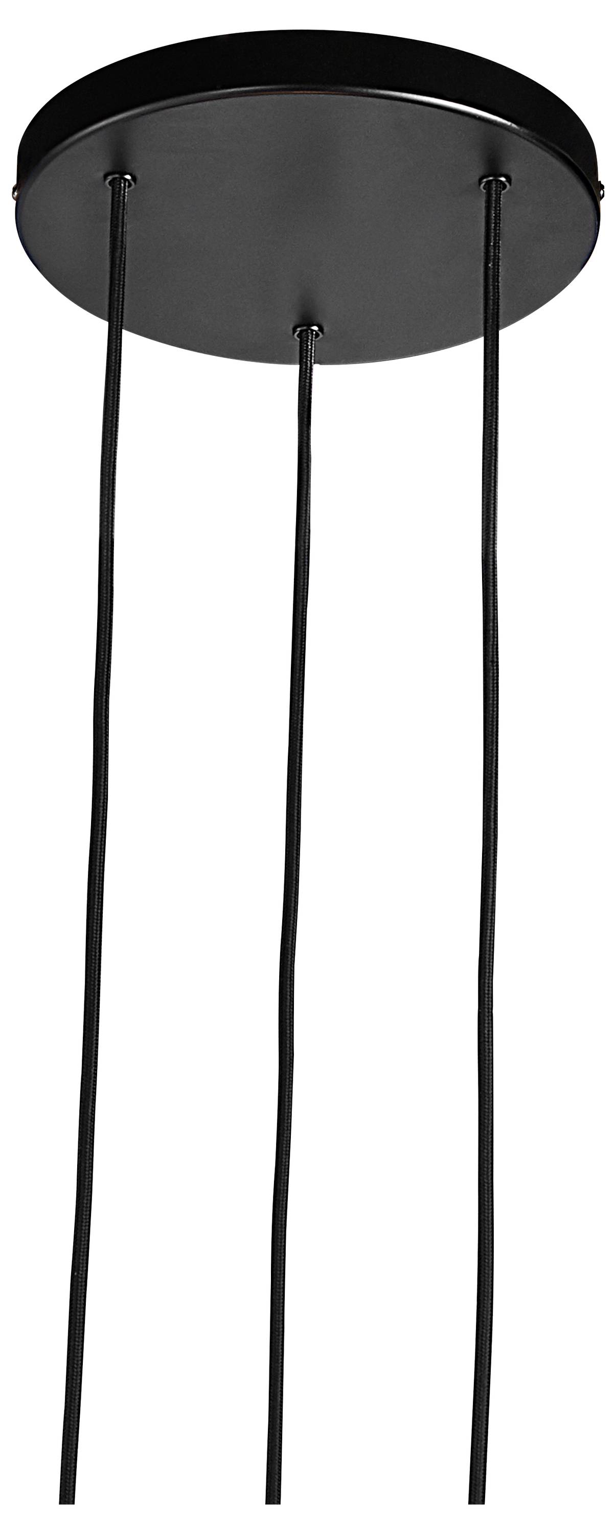 Schwarzer Deckenrahmen mit drei schlanken, herabführenden Schnüren.