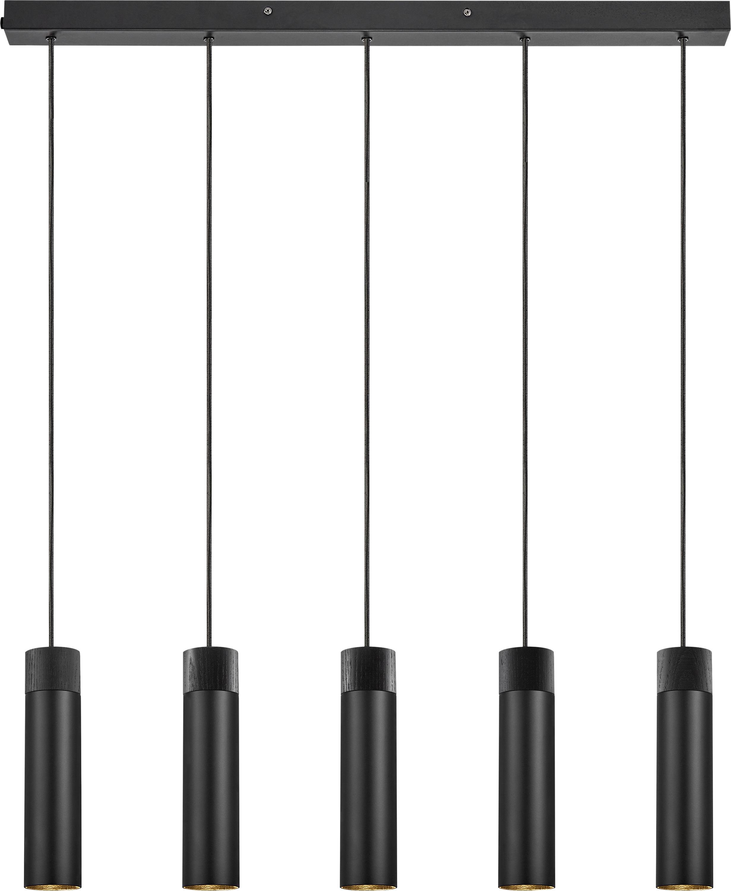 Eine Reihe von fünf zylindrischen schwarzen Pendelleuchten, die von einer rechteckigen Deckenhalterung hängen, gleichmäßig verteilt und parallel zueinander angeordnet.