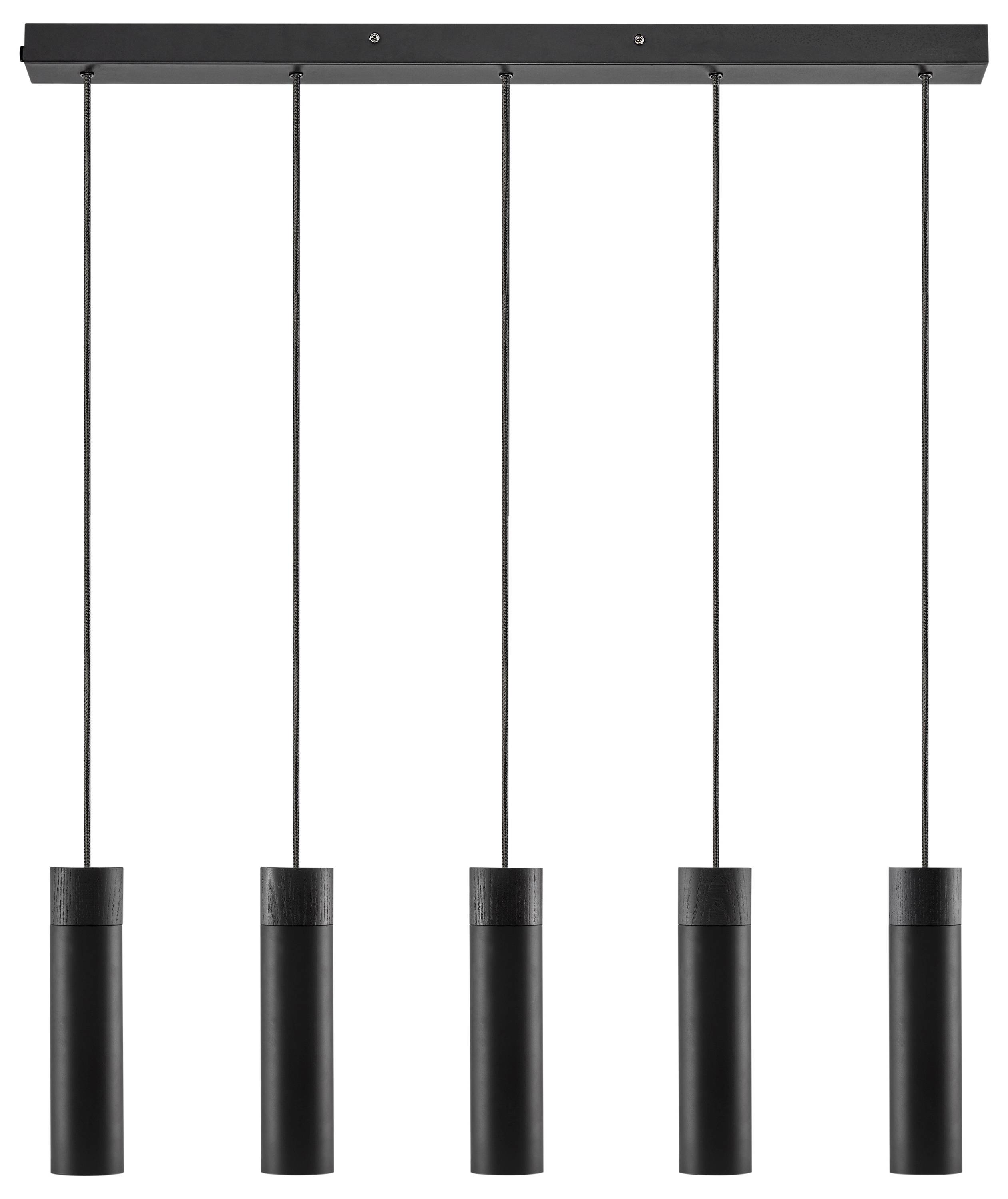 Moderne Hängeleuchte mit fünf schwarzen zylindrischen Hängleuchten in einer Reihe angeordnet.
