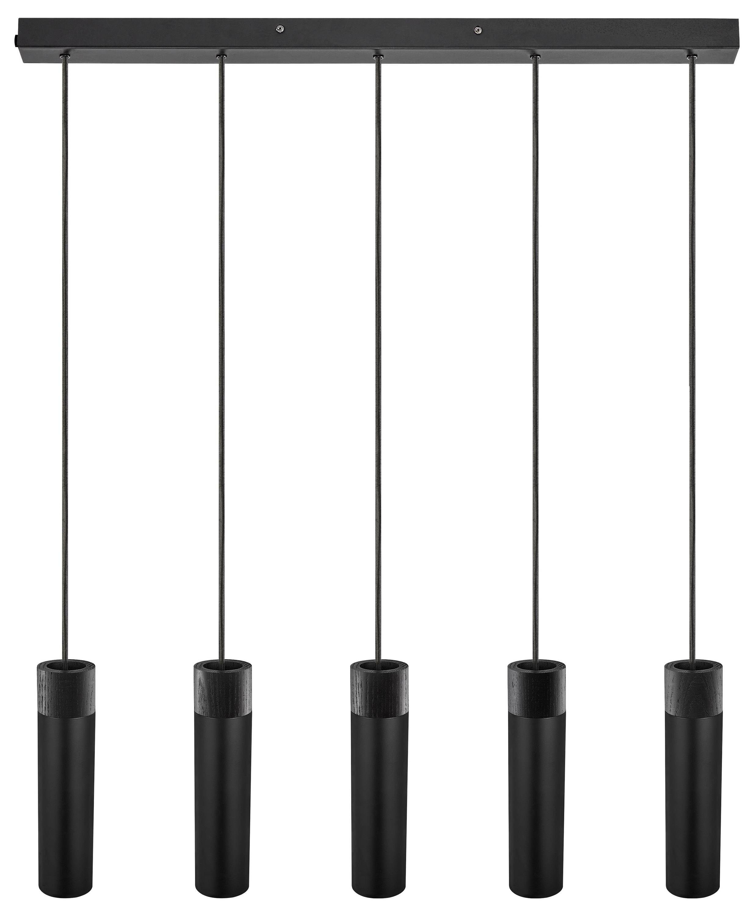 Eine moderne schwarze Hängeleuchte mit fünf hängenden zylindrischen Leuchten in einer Reihe, die jeweils von einer rechteckigen Deckenmontage herabgelassen werden.