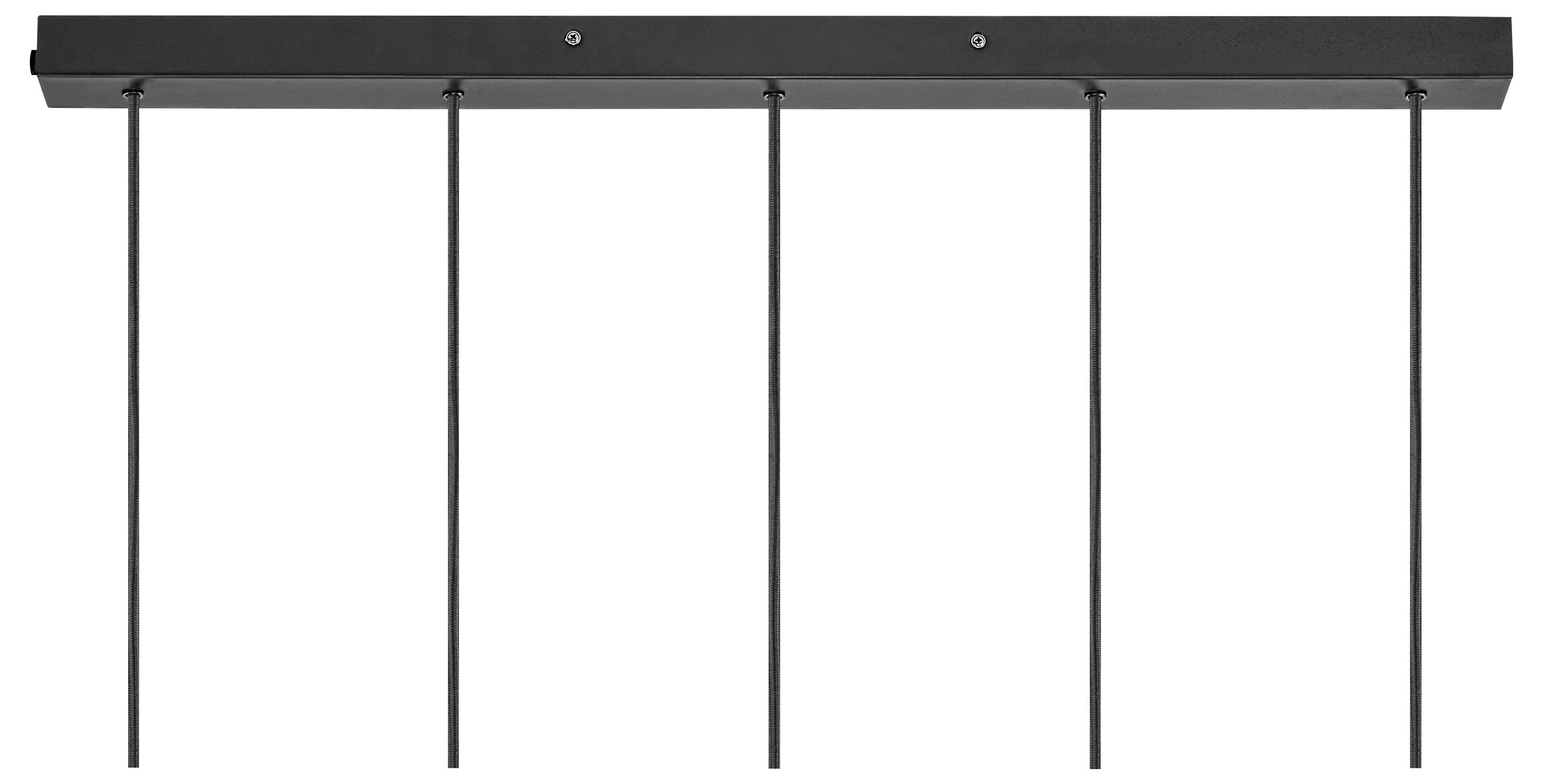 Eine rechteckige schwarze Deckenmontage mit fünf vertikal hängenden Stangen, gleichmäßig verteilt.