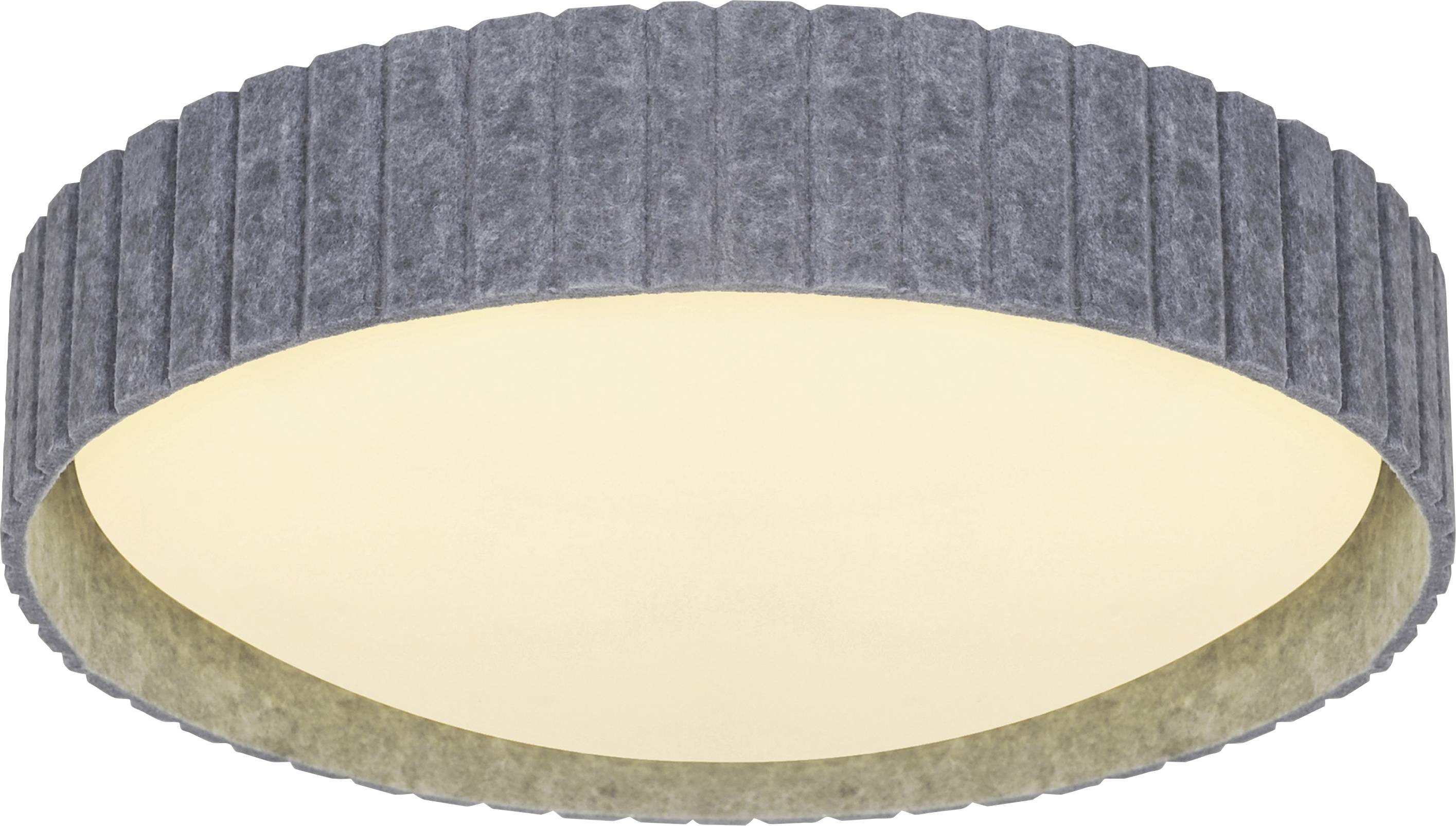 Eine runde, gerippte, graue Deckenleuchte mit weichem, diffusem Licht.