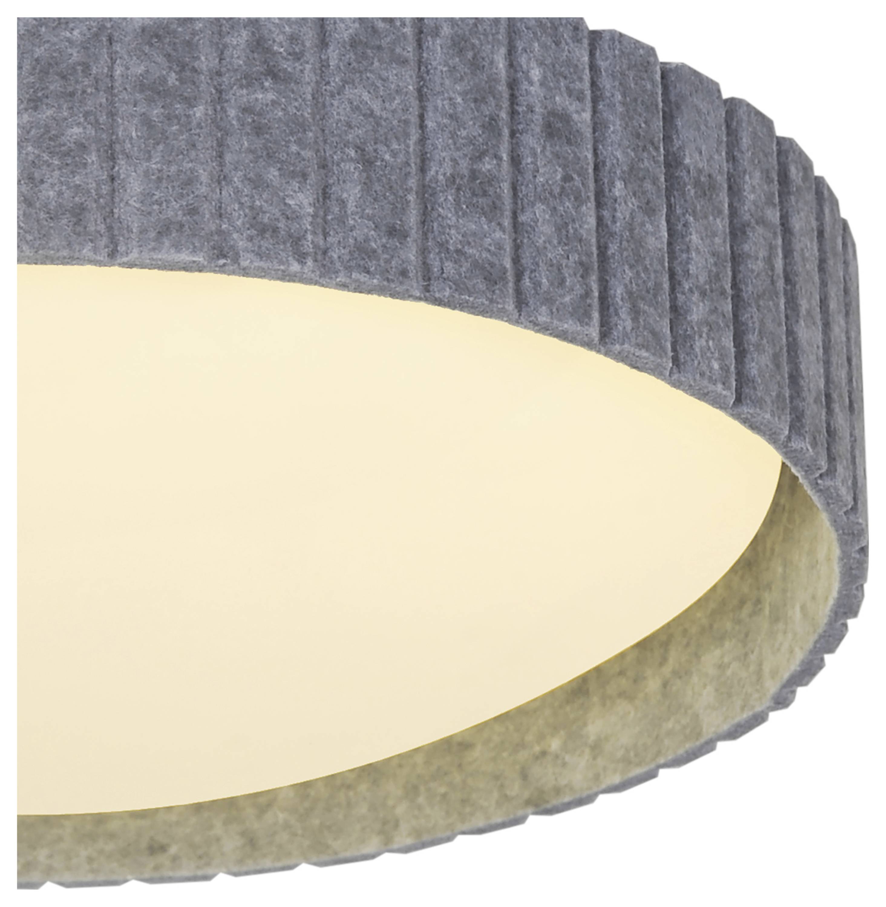 Nahaufnahme einer runden, grauen Deckenleuchte mit einer gerippten Oberfläche, die einen warmen Glanz ausstrahlt.