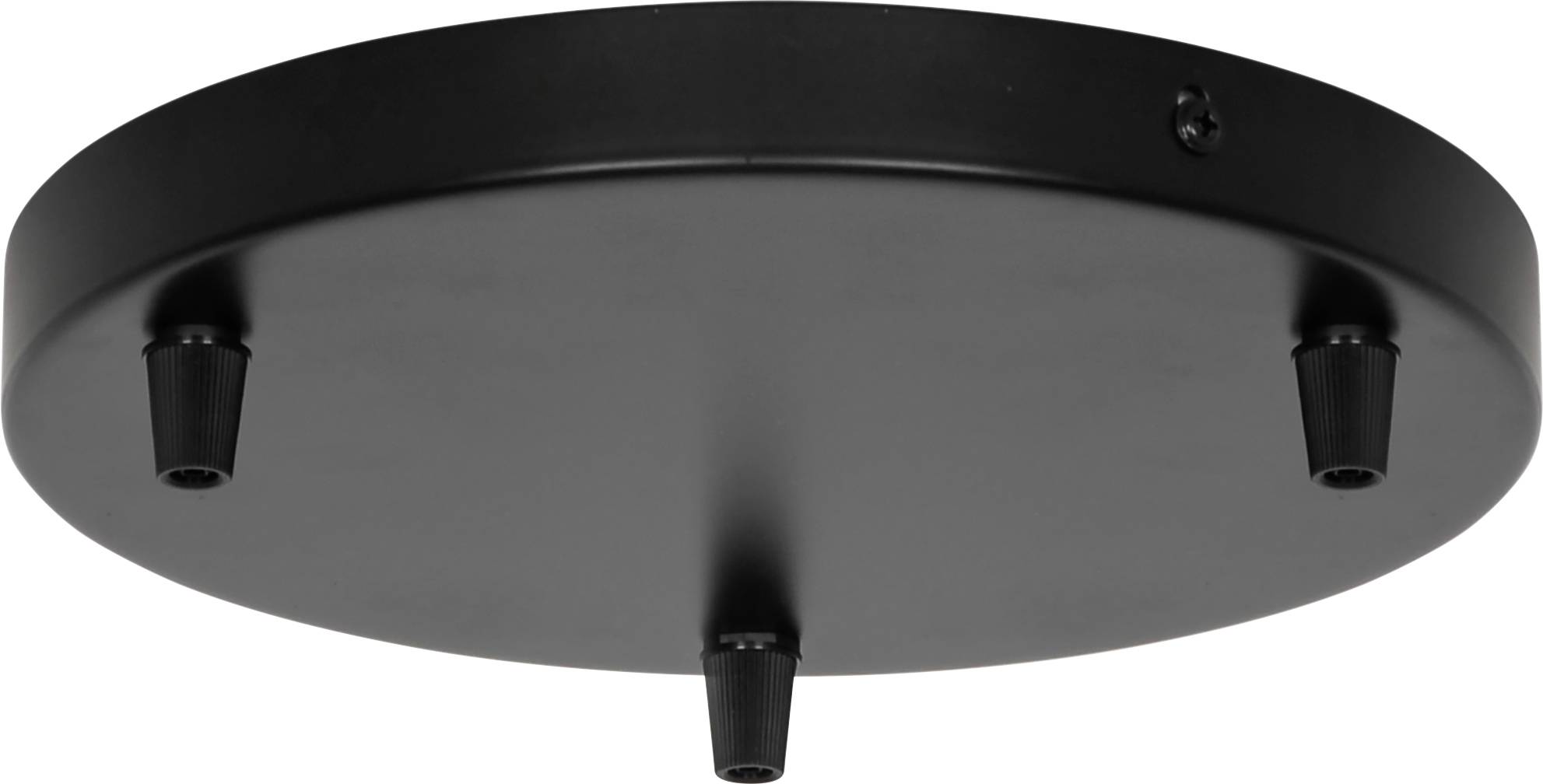 Ein rundes schwarzes Deckenmontageteil mit drei Löchern zur Befestigung von Pendelleuchten.