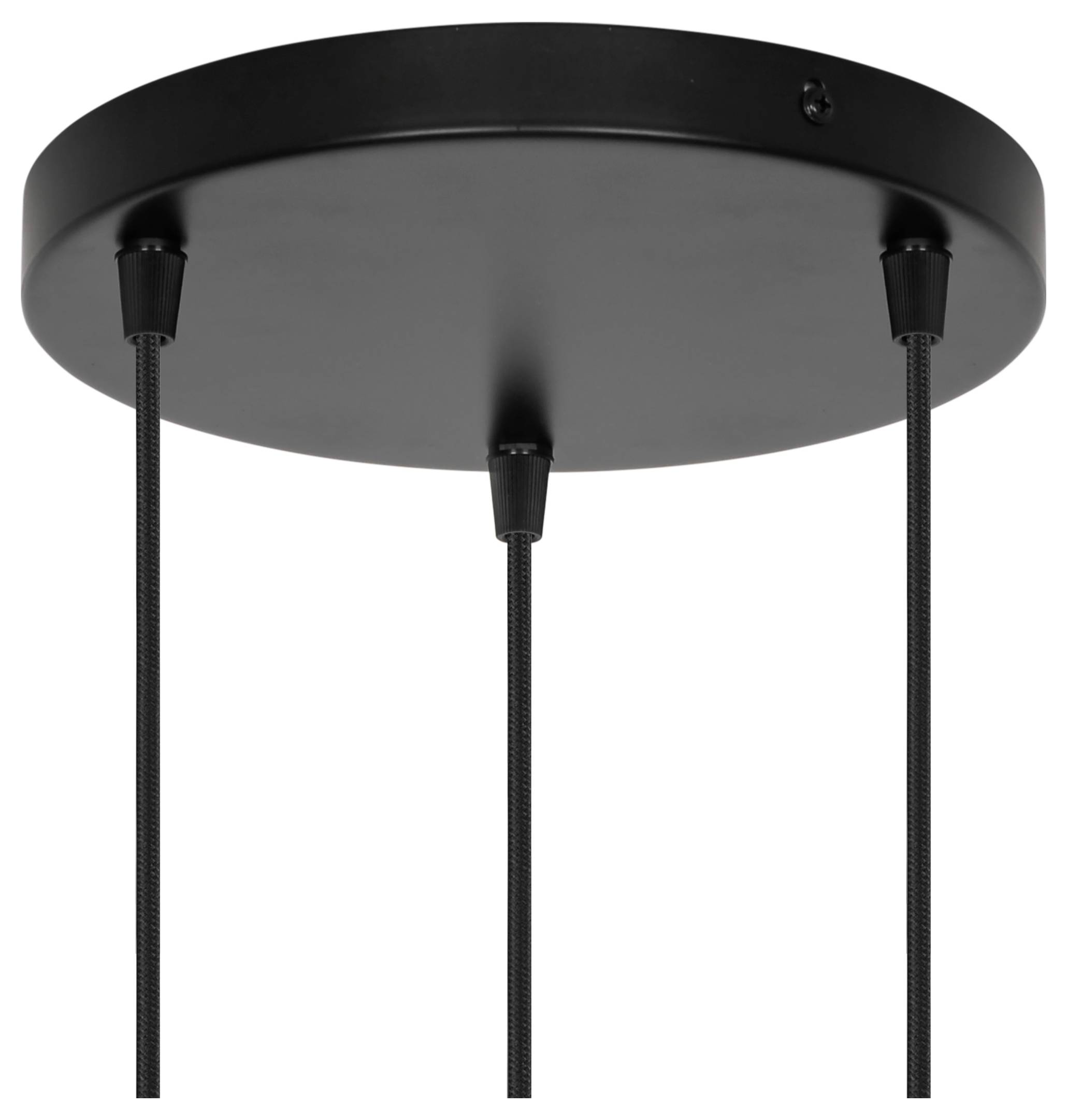Ein schwarzes rundes Deckengehäuse mit drei Pendelkabeln, die sich davon erstrecken.