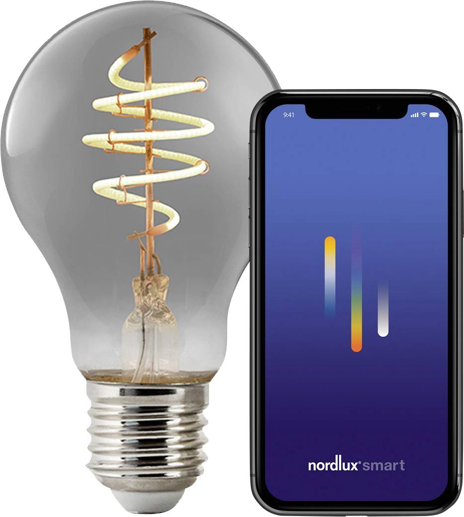Eine Glühbirne mit einer spiralförmigen Glühwendel neben einem Smartphone, das einen blauen Bildschirm mit der Nordlux Smart App-Oberfläche anzeigt.