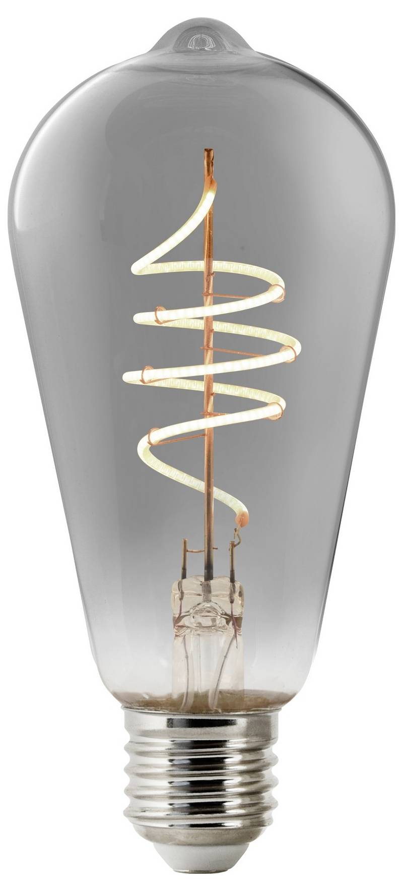 Eine LED-Glühbirne im Vintage-Stil mit sichtbarem Spiralwendel, die einen warmen Glanz ausstrahlt und für dekorative Beleuchtungszwecke konzipiert ist.