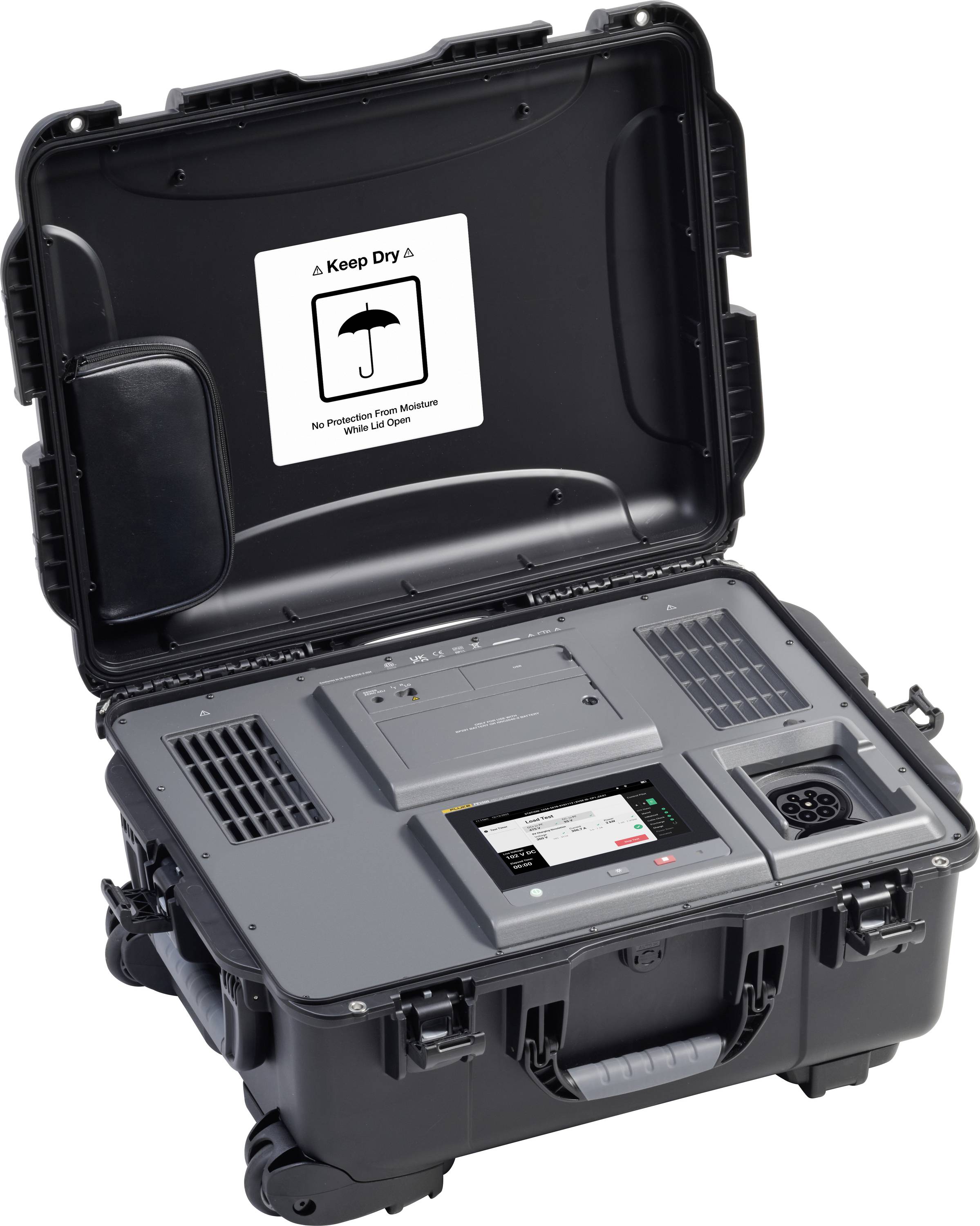 Ein schwarzes tragbares Gehäuse für elektronische Geräte, das geöffnet ist und ein Bedienfeld und einen Bildschirm zeigt, mit der Aufschrift „Keep Dry
