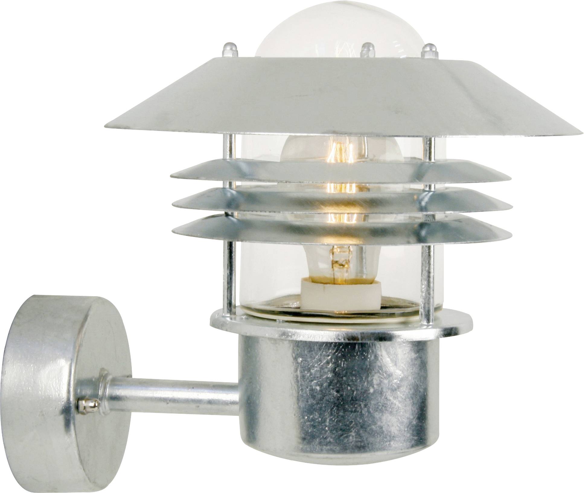 Eine an der Wand montierte Metallleuchte für den Außenbereich mit einer klaren Glühbirne, die ein geschichtetes, kreisförmiges Design und eine runde Basis aufweist.