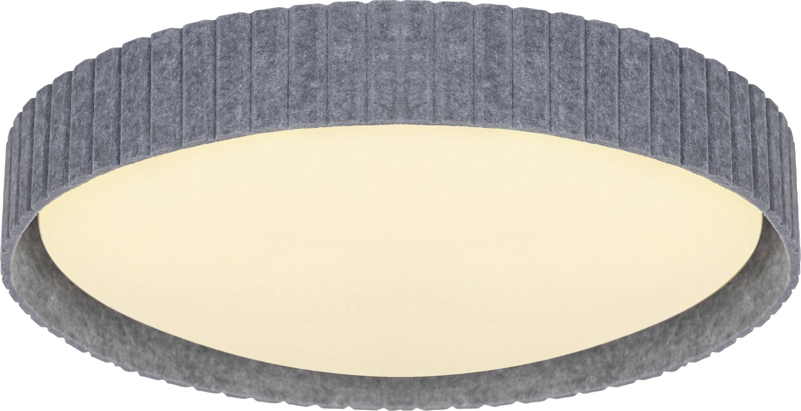 Eine kreisförmige Deckenleuchte mit einer gerippten grauen Außenkante und einem diffusen, sanften weißen Glanz in der Mitte.
