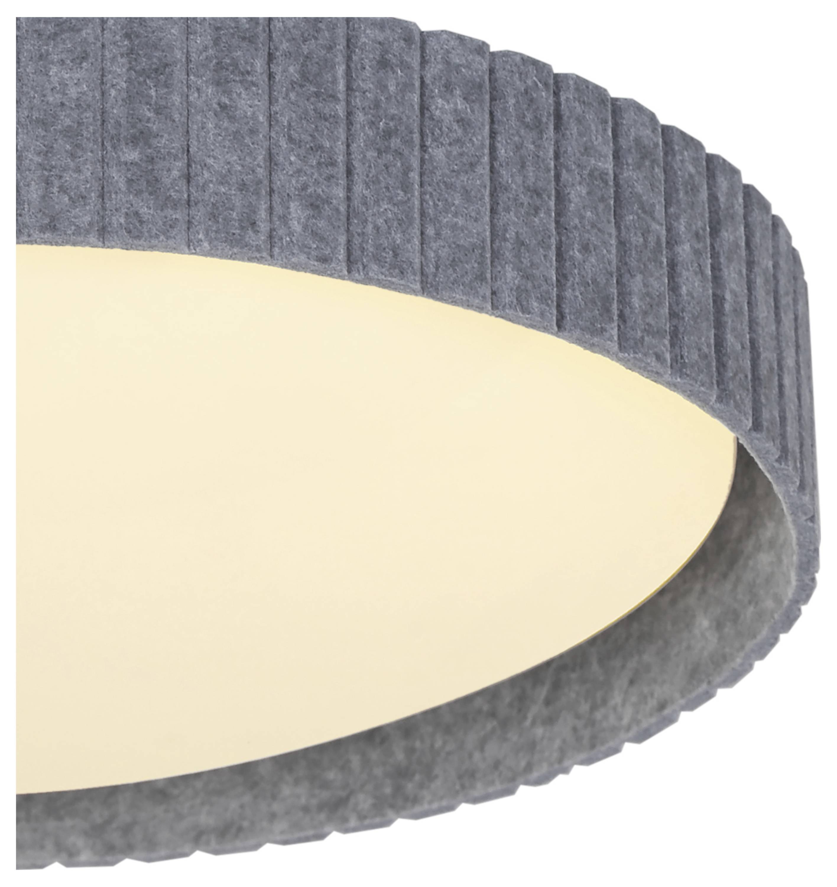 Graue runde Deckenlampe mit gerippter Textur, die weiches, warmes Licht ausstrahlt.