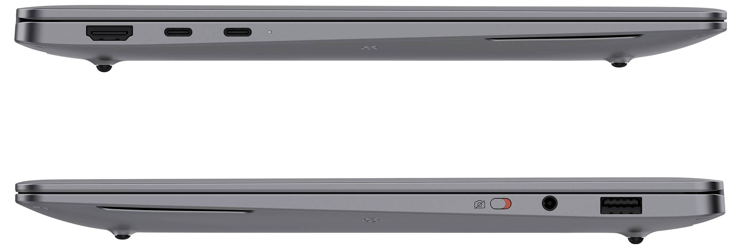 Seitenansicht eines geschlossenen Laptops mit Anschlüssen auf beiden Seiten, einschließlich HDMI, USB-C und Kopfhörerbuchse, die Konnektivitätsoptionen hervorheben.