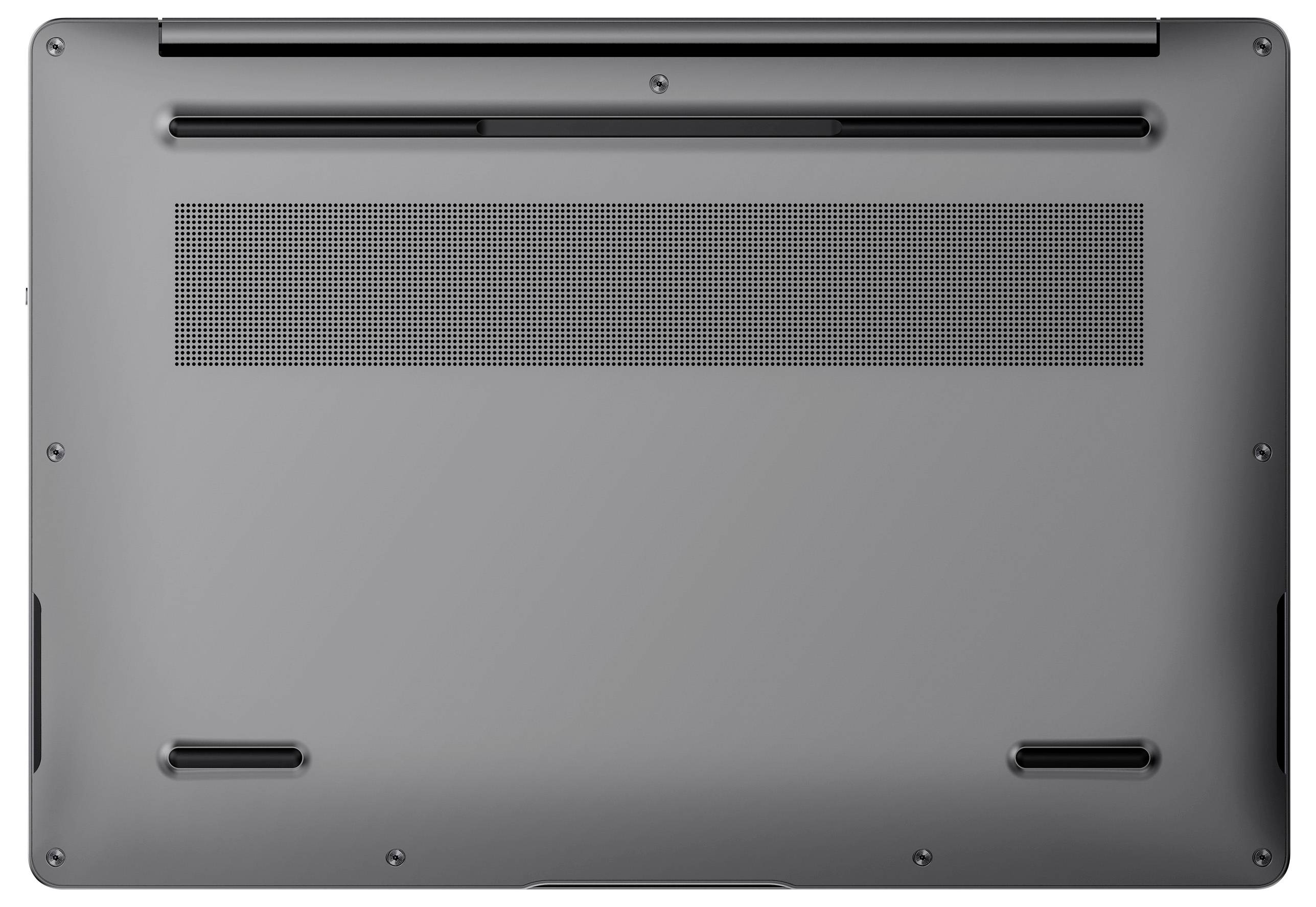 Das Bild zeigt die Unterseite eines grauen Laptops mit Belüftungsschlitzen und gummierten Füßen an den Ecken für Stabilität.