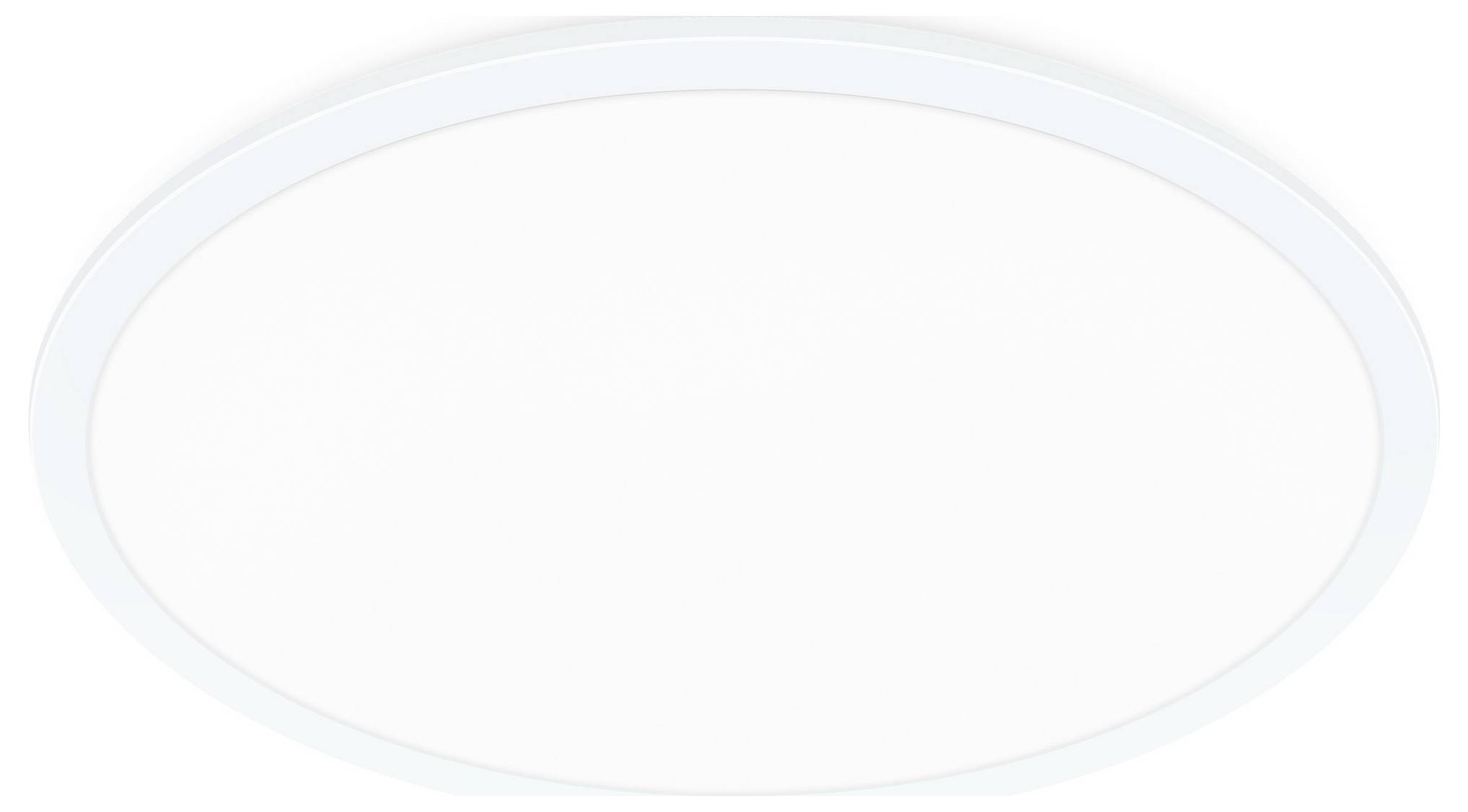 Eine kreisförmige LED-Deckenleuchte mit weißem Rahmen und diffuser Abdeckung, konzipiert für moderne Innenräume und bietet Umgebungsbeleuchtung.