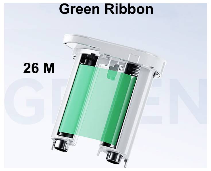 Green Ribbon image of a transparent cartridge with a bright green ribbon roll, labeled '26 M'.
