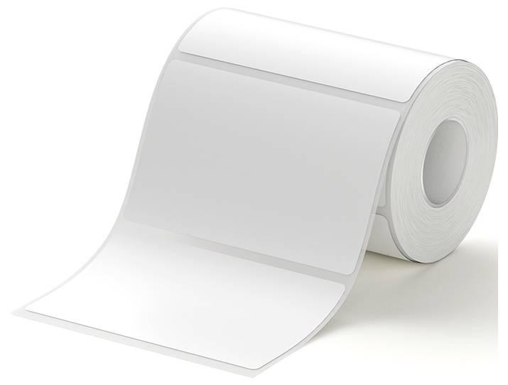 A roll of blank white adhesive labels with one label peeled loose, isolated on a white background.