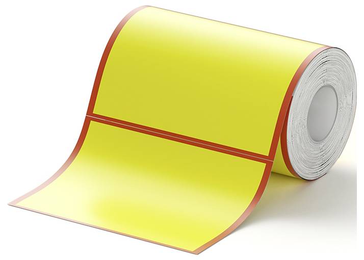 Rolled sheet of bright yellow adhesive label material with a red border, partially unspooled on a white background.