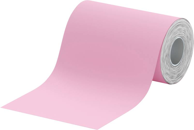 Eine Rolle rosa Papier oder Stoff, die sich über einen weißen Hintergrund abrollt.